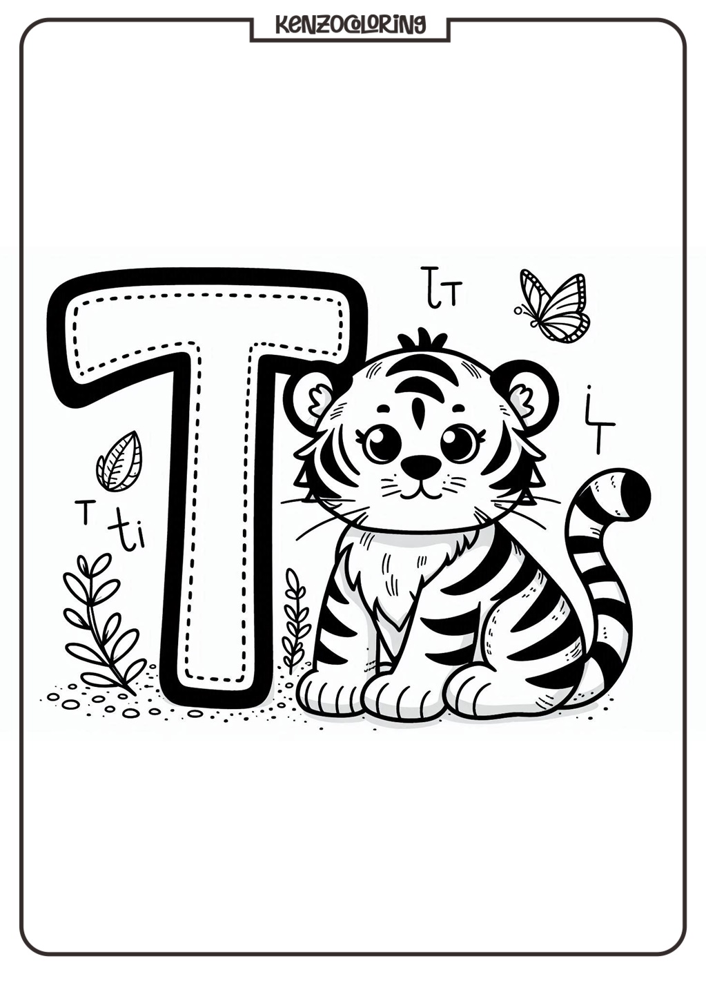 Alphabet Letter T with Tiger Image Coloring Page for Kids 1 Alphabet Letter T with Tiger Coloring Online Page