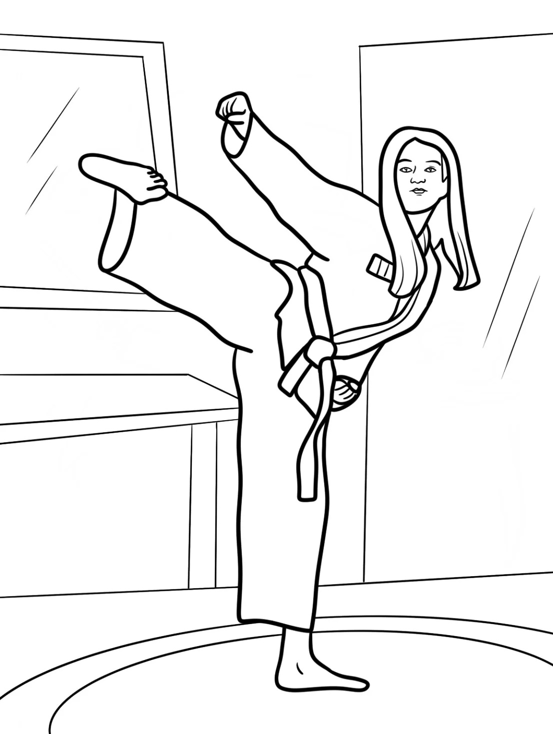 Coloring Page Realistic Karate Girl Doing High Kick
