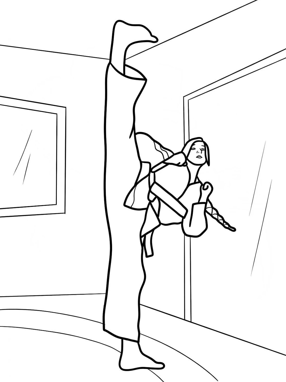Coloring Page of Girl Karate Fighter Doing High Kick
