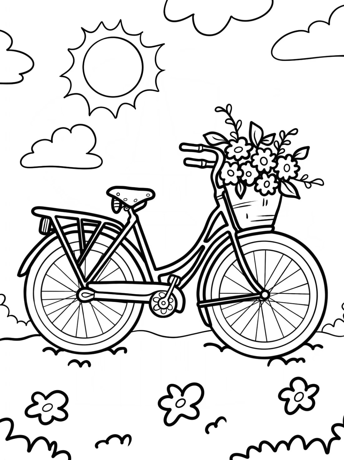 Ride with Friends and Enjoy the Outdoors, Bicycle Coloring Page 7 Cute Bicycle With Basket Full Of Flowers Coloring Page