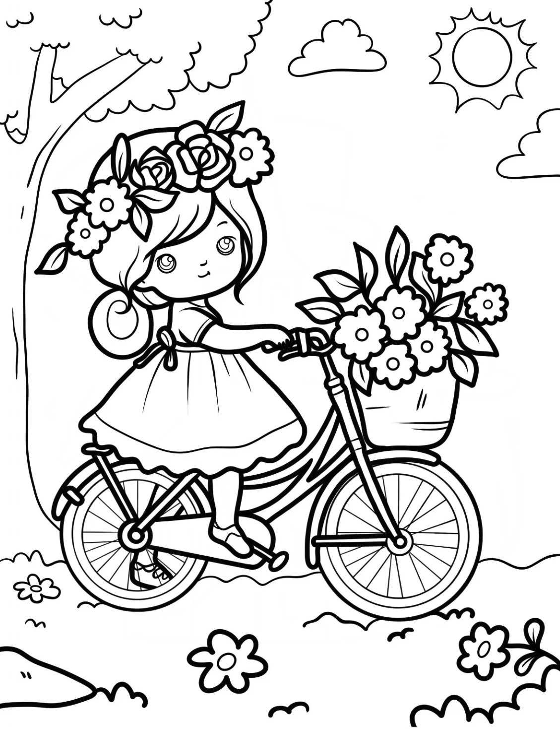 Anime Girl Riding Bicycle Coloring Page 4 Kawaii Little Girl Riding Bicycle With Flowers Coloring Pages