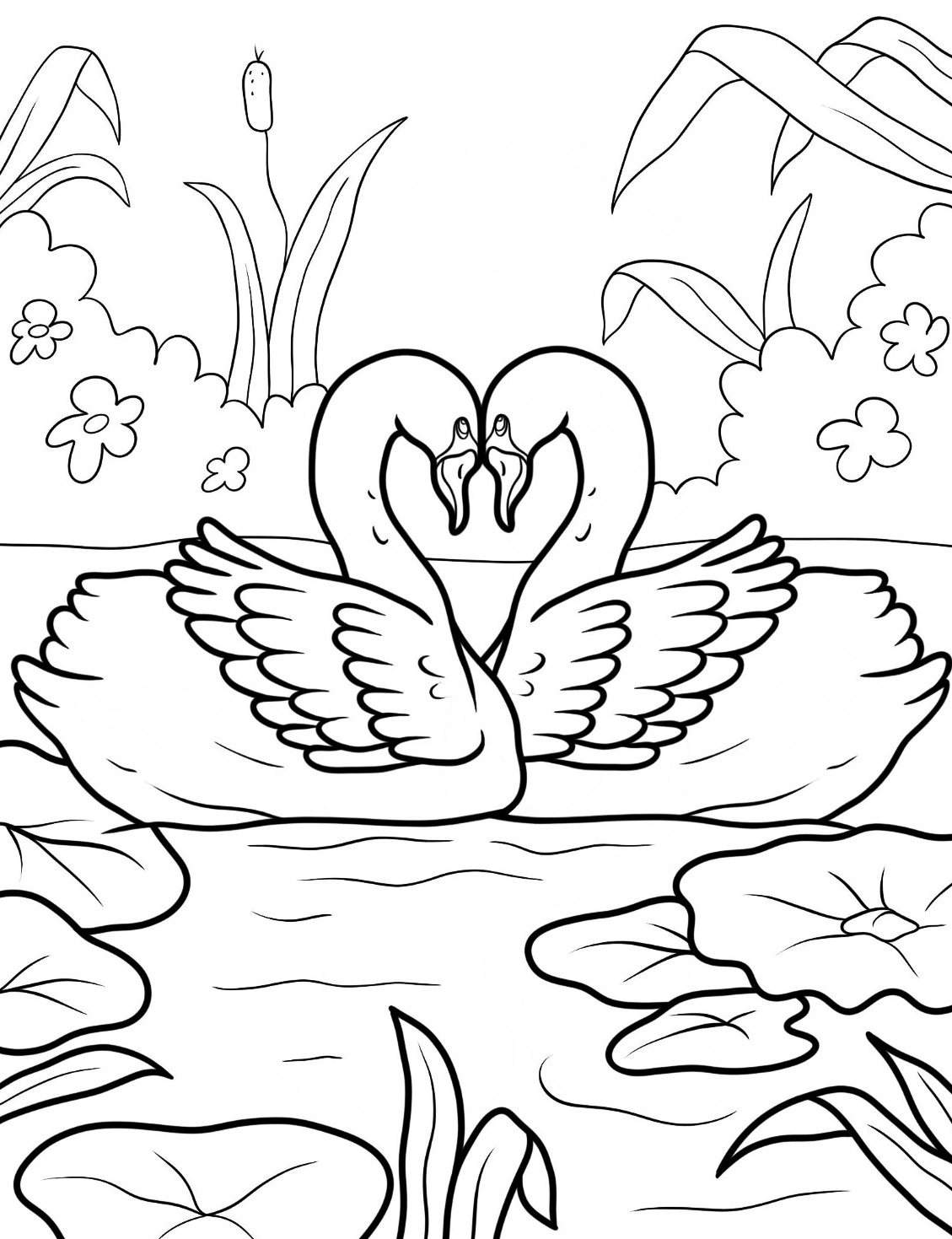 The Graceful Bird Swan Coloring Page 2 Swans Forming Heart Coloring Page