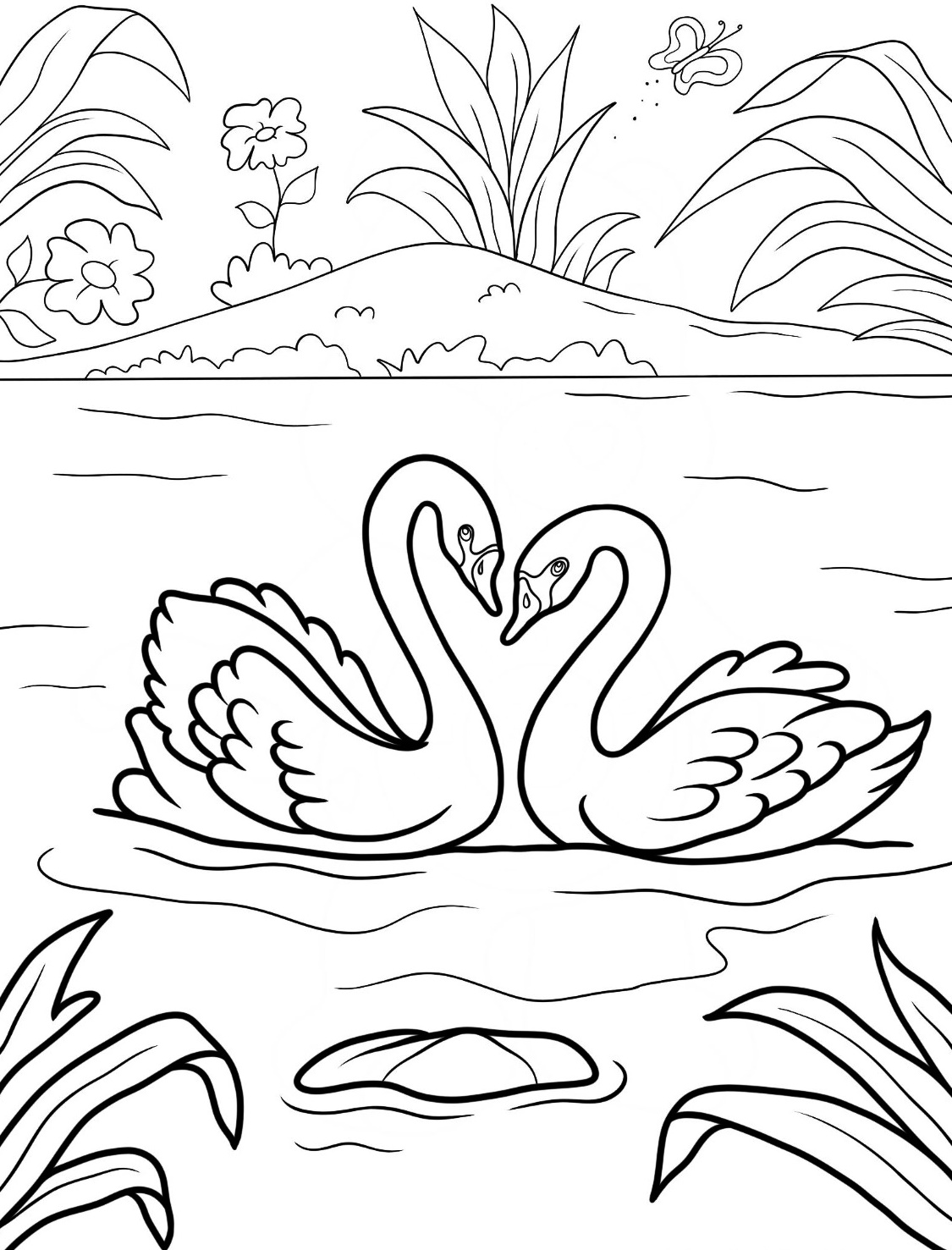 The Graceful Bird Swan Coloring Page 3 Swans Forming Heart Coloring Pages