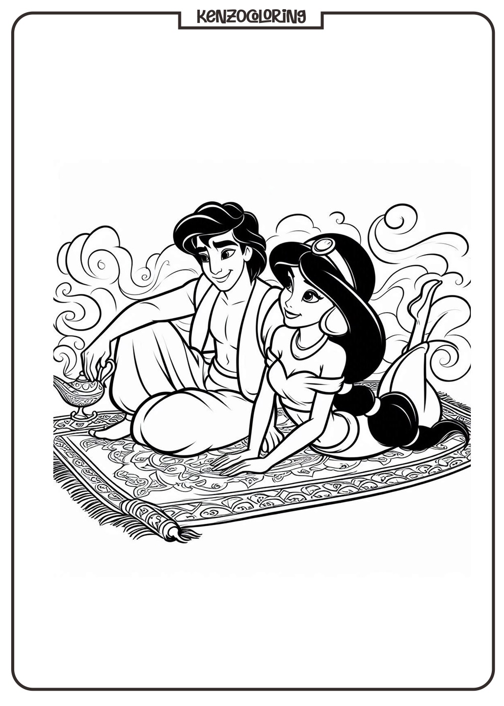Jasmine and Aladdin on the Magic Carpet Coloring Page 1 Aladdin and Jasmine on the Carpet Coloring Online Pages