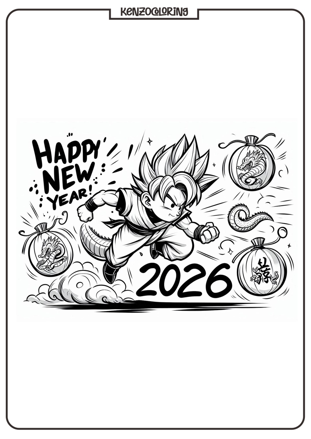 Dragon Ball Happy New Year 2026 Coloring Pages - kenzocoloring.org