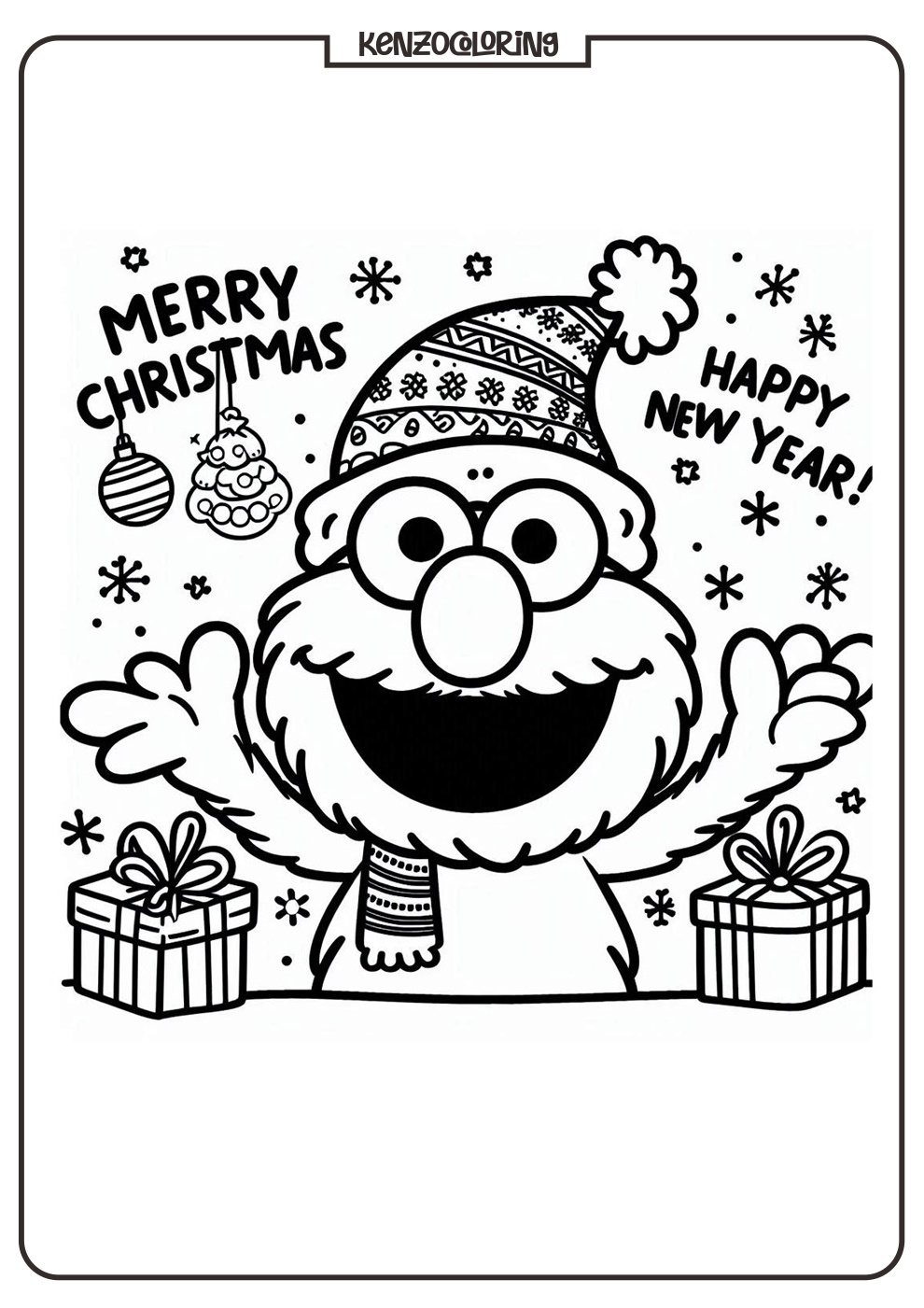 Elmo celebrates Christmas and Happy New Year Coloring - kenzocoloring.org