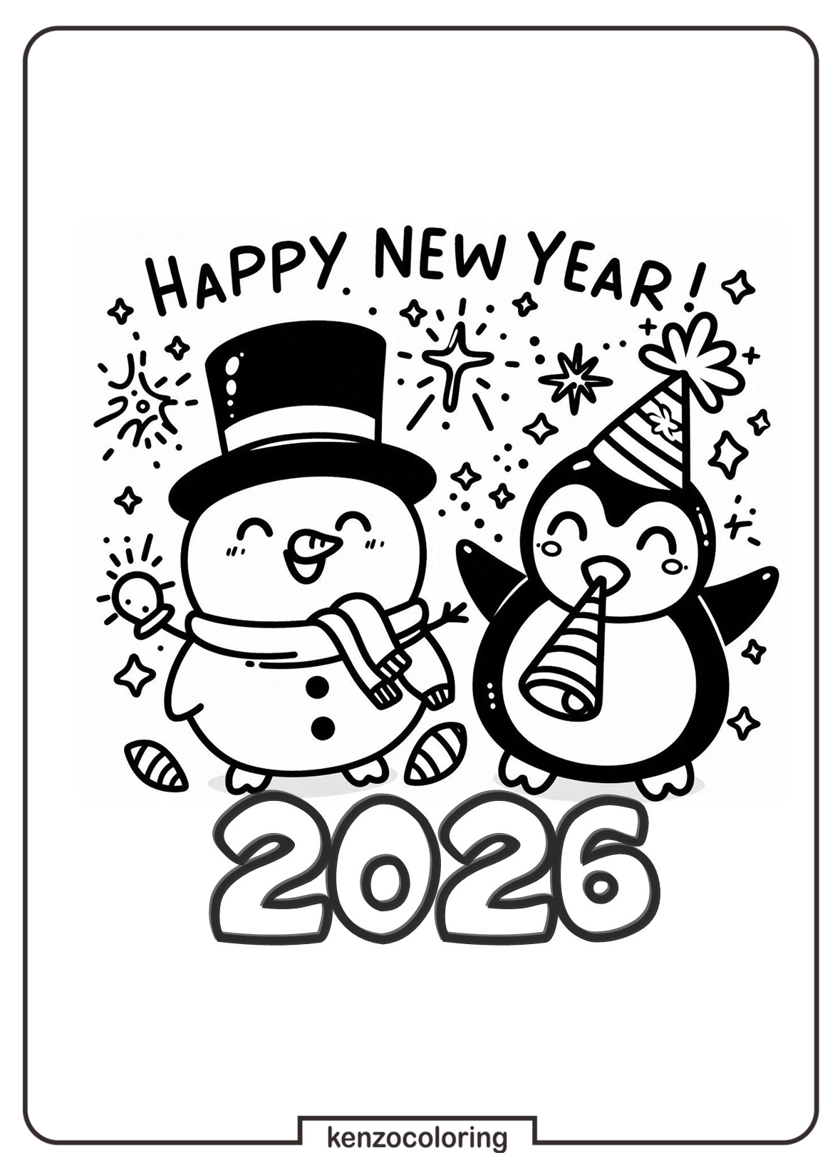 Happy New Year 2026 Coloring Page for Kids - kenzocoloring.org
