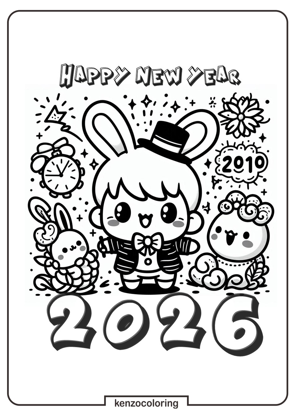 Happy New Year 2026 Coloring Page - kenzocoloring.org