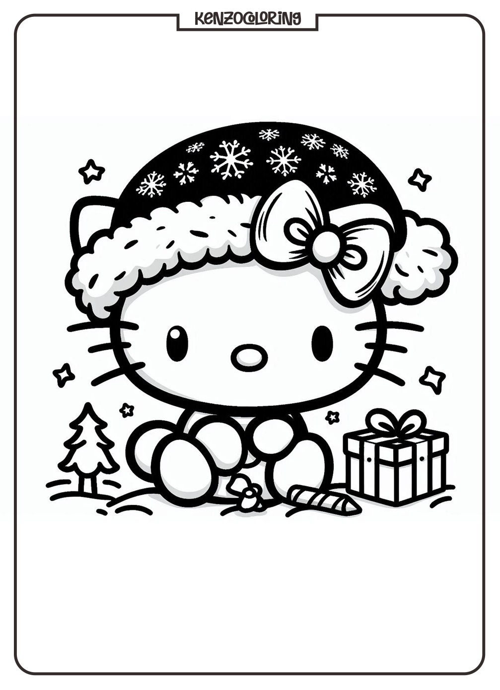 Hello Kitty Wearing a Santa Hat at Christmas Celebration Coloring Page - kenzocoloring.org