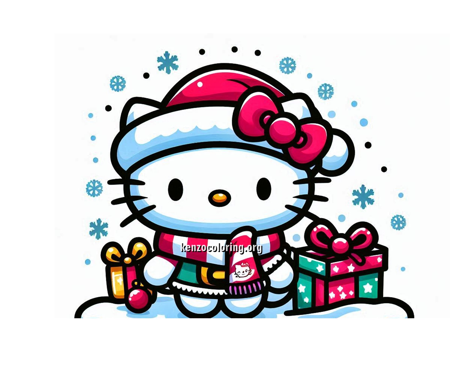 Hello Kitty Wearing a Santa Hat at Christmas Celebration Coloring Pages