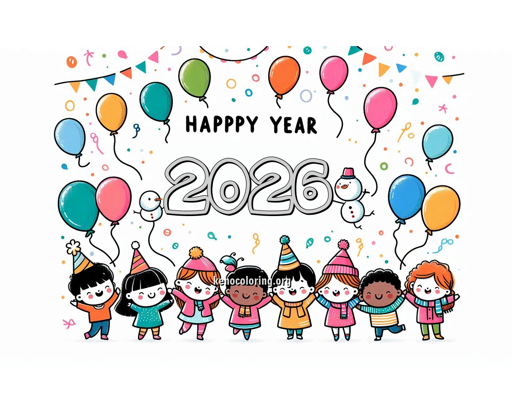 Happy New Year Greetings from Children with Balloons Coloring Pages