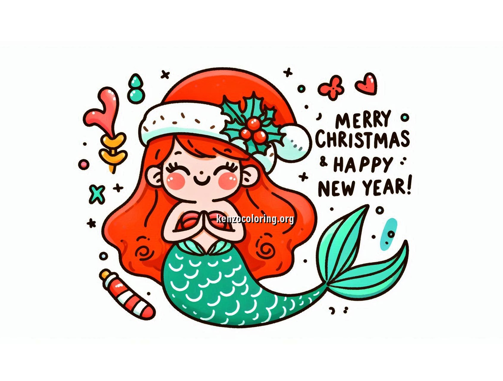 Little Mermaid Celebrates Christmas and Happy New Year Coloring Pages!