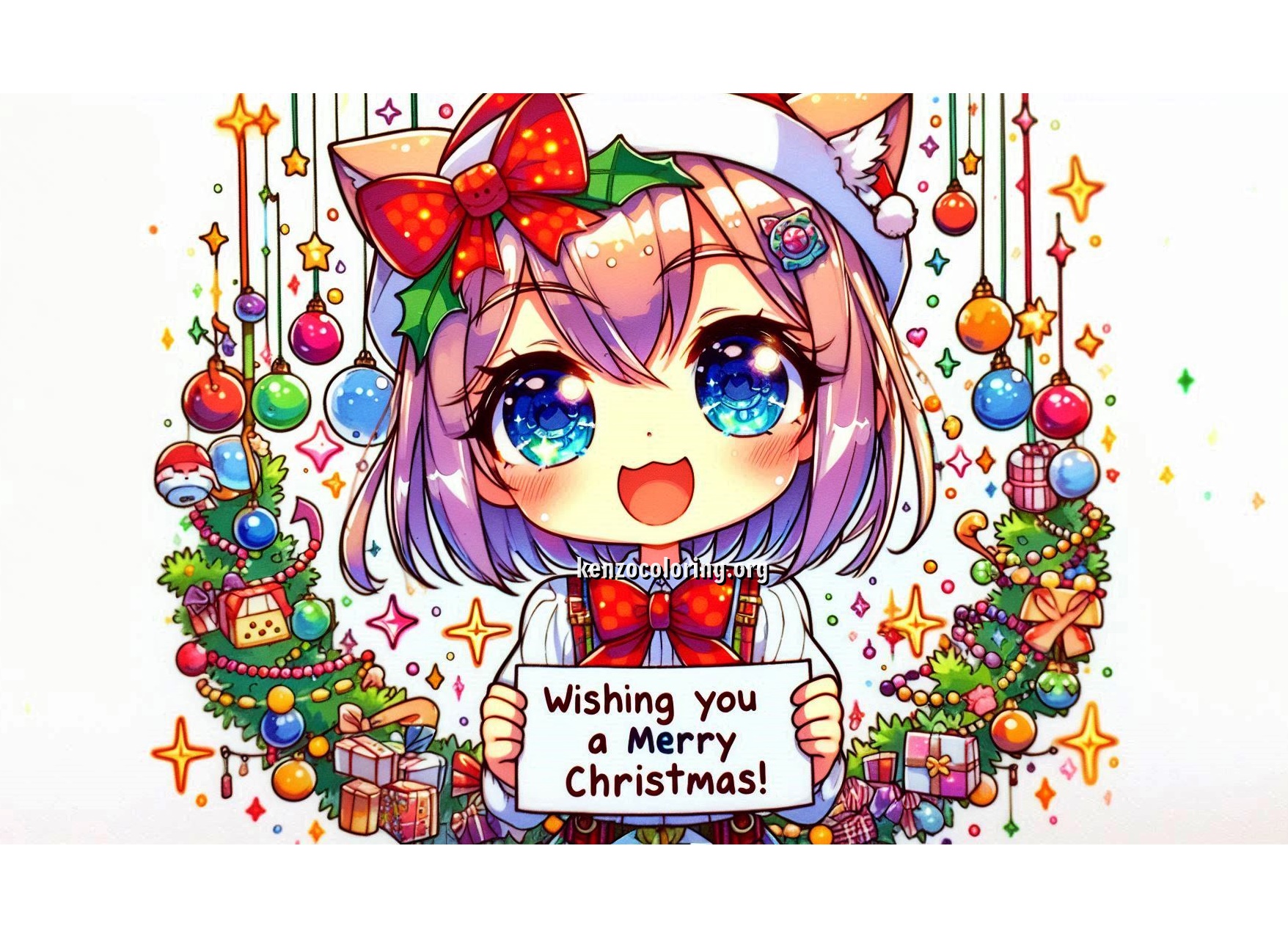 Cute Chibi Anime Wishes You a Merry Christmas Coloring Pages for Kids