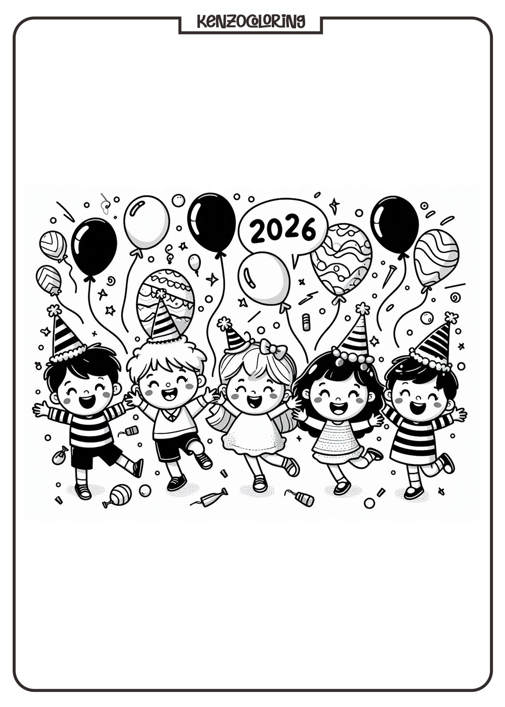 Kids Celebrate Happy New Year 2026 with Ballons Coloring Page - kenzocoloring.org