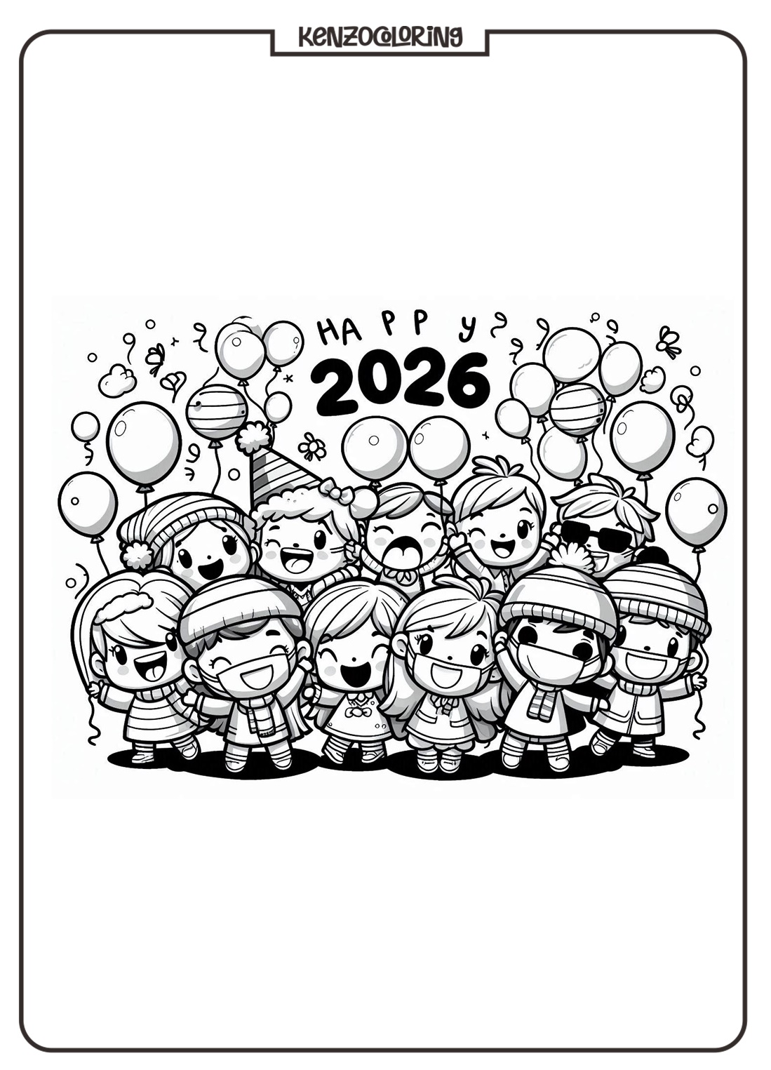 Kids Celebrate Happy New Year 2026 with Ballons Coloring Pages - kenzocoloring.org