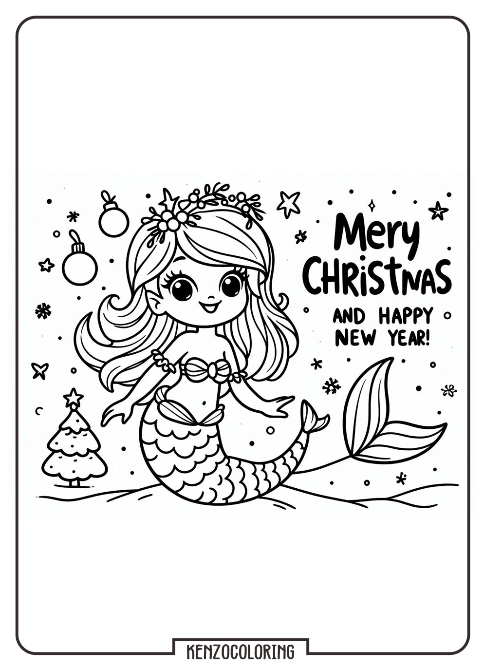 Little Mermaid Celebrates Christmas and Happy New Year Coloring Book - kenzocoloring.org