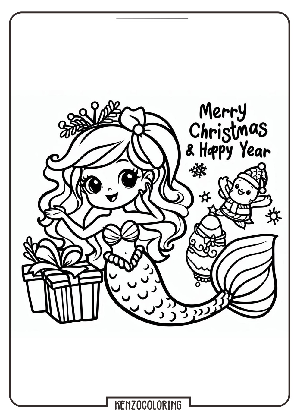 Little Mermaid Celebrates Christmas and Happy New Year Coloring Page - kenzocoloring.org