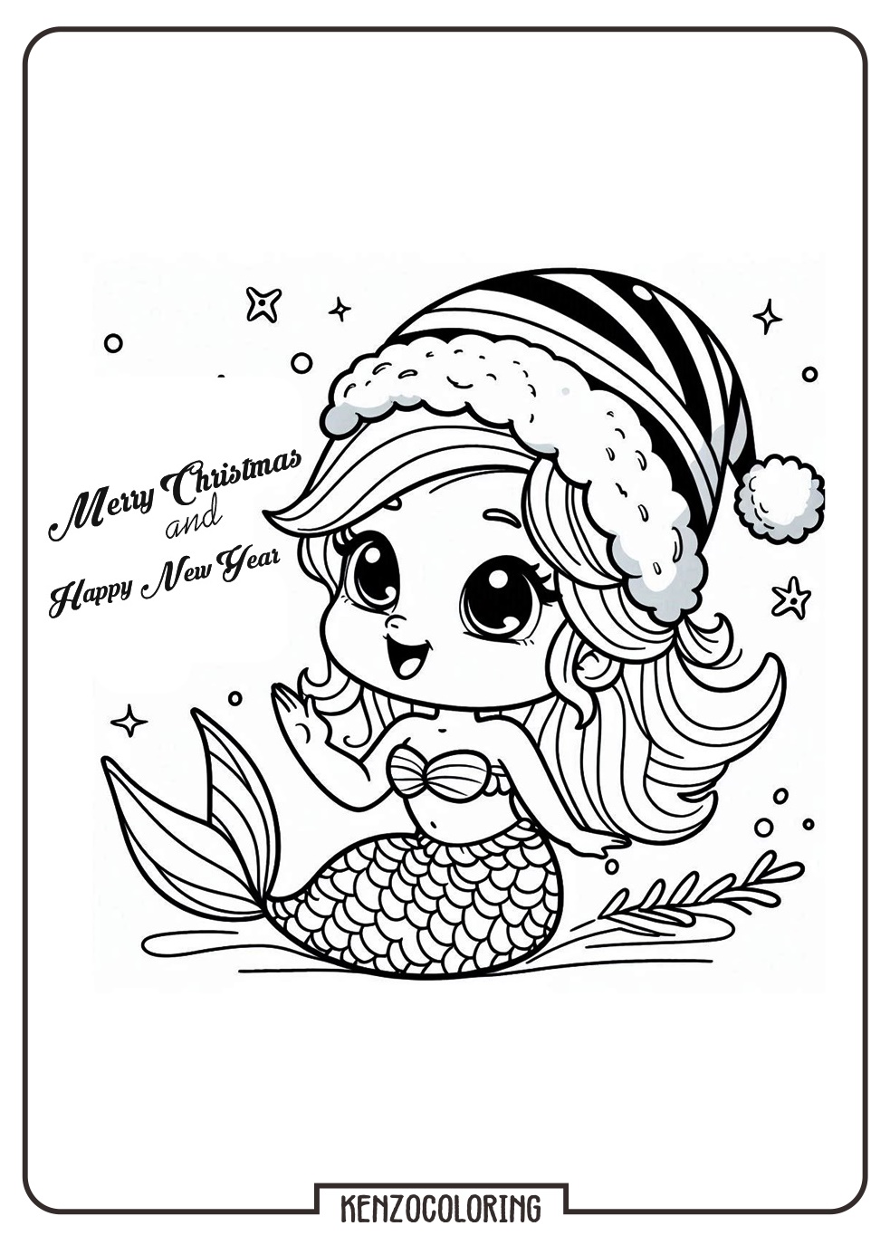 Little Mermaid Celebrates Christmas and Happy New Year Coloring Pages - kenzocoloring.org