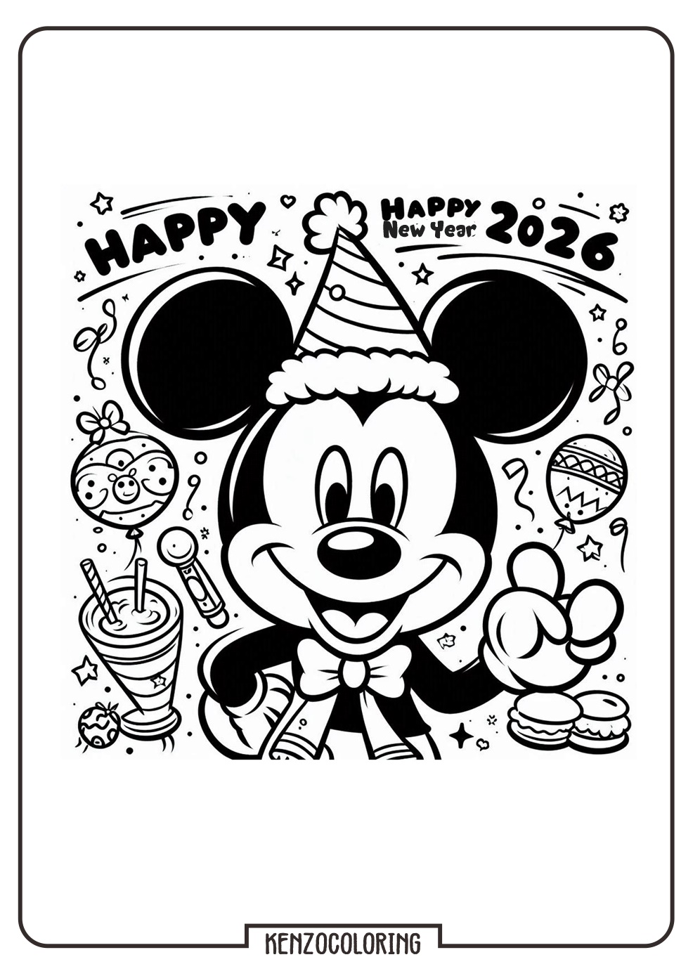 Mickey Mouse Celebrate Happy New Year 2026 Coloring Page - kenzocoloring.org