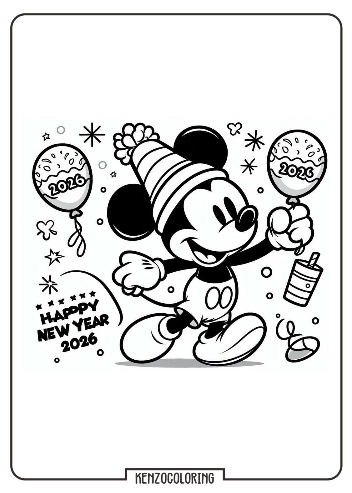 Mickey Mouse Celebrate Happy New Year 2026 Coloring Pages - kenzocoloring.org