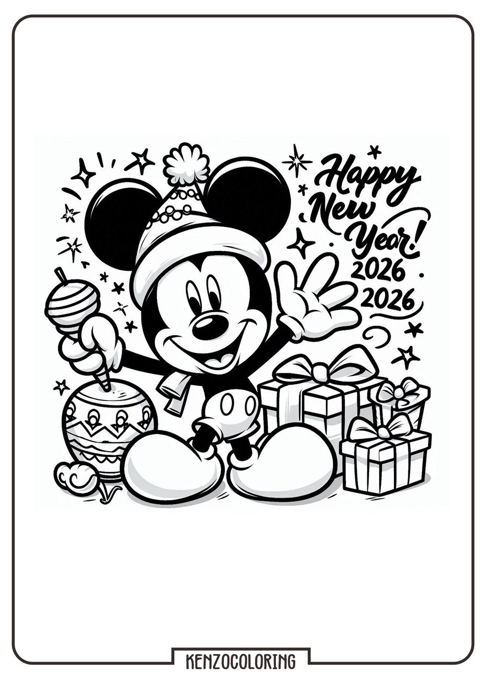 Mickey Mouse Happy New Year 2026 Coloring Pages - kenzocoloring.org
