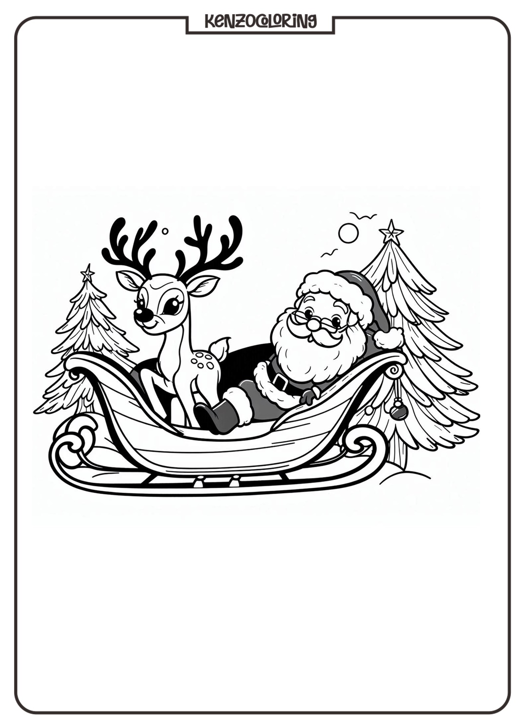 Rudolph and Santa's Sleigh on Christmas Eve Coloring Page - kenzocoloring.org