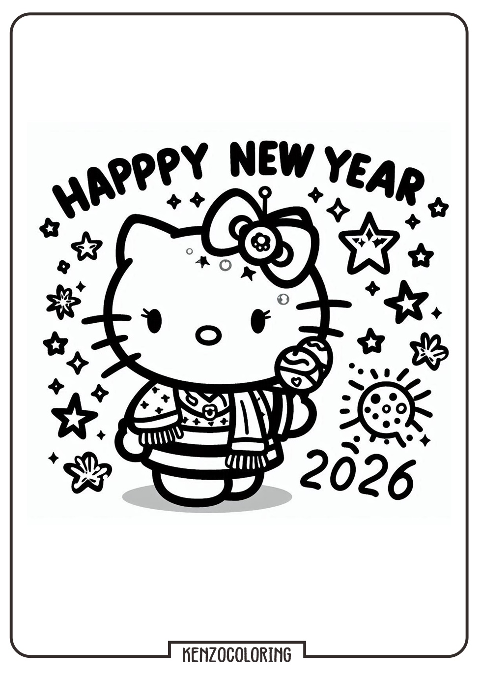 hello kitty celebrate happy new year 2026 coloring page - kenzocoloring.org