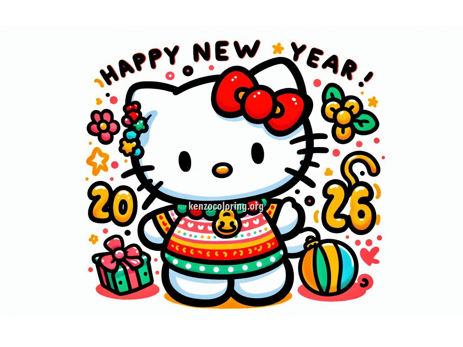Happy New Year Greetings from Hello Kitty Coloring Pages for Kids