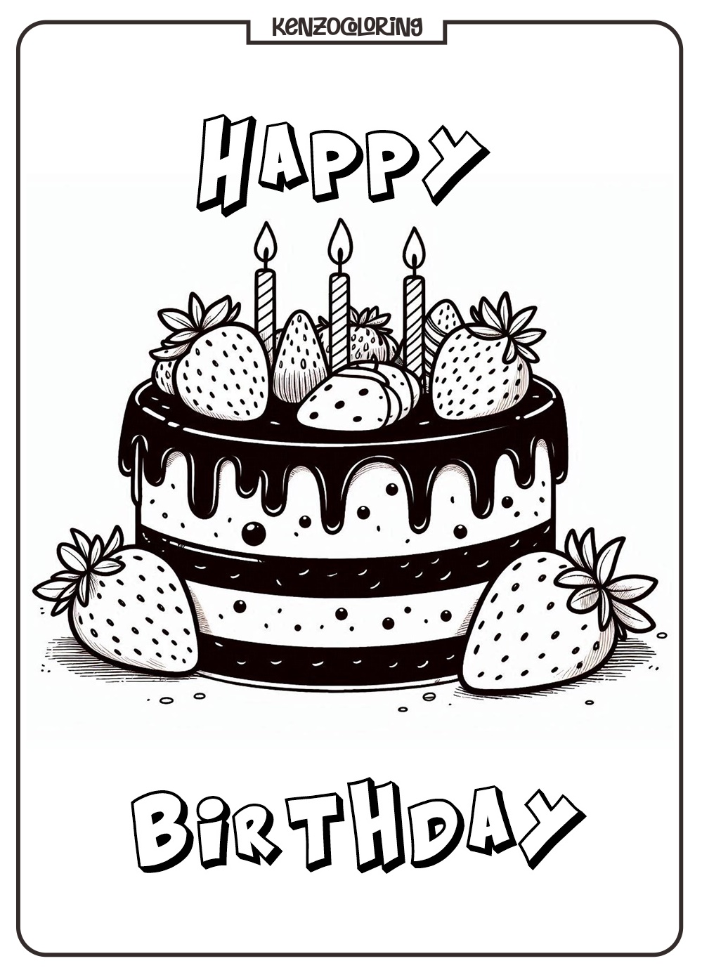 Birthday Cake with Strawberry Coloring Page for Kids 3 birthday cake with strawberry chocolate coloring pages - kenzocoloring.com