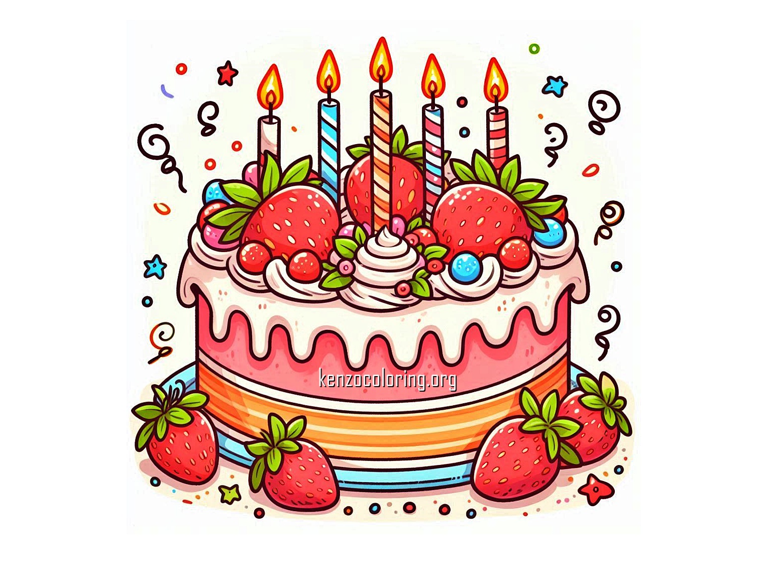 Birthday Cake with Strawberry Coloring Page for Kids