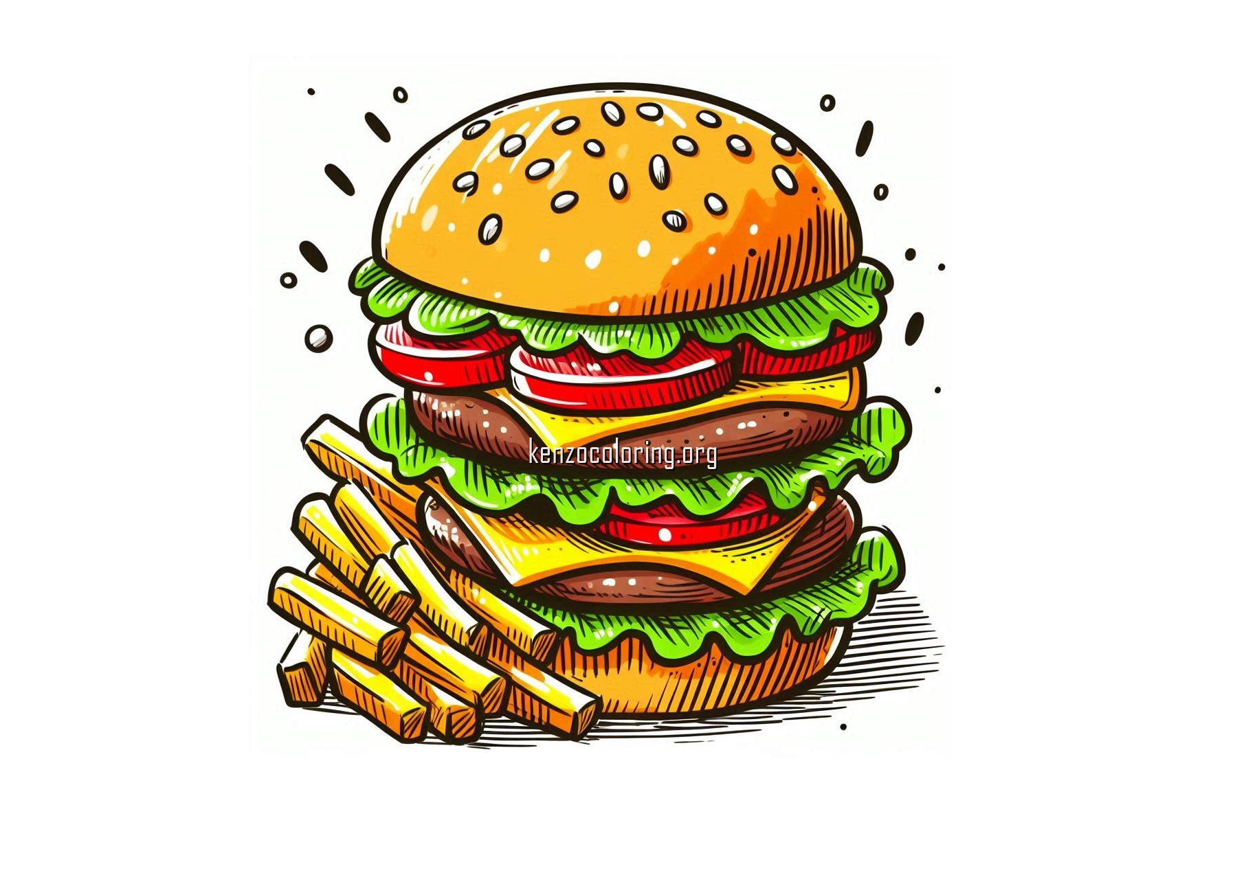 Burger with Fries Coloring Page for Kids